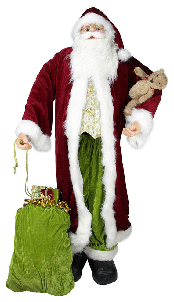 6' Standing Plush Christmas Santa Claus Figure With Teddy Bear and Gift Bag