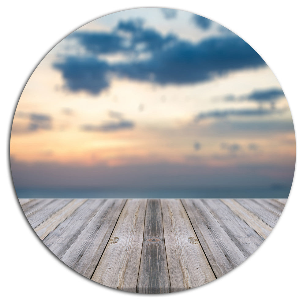 Wooden Board At Sunset Seashore, Modern Bridge Round Wall Art, 23"