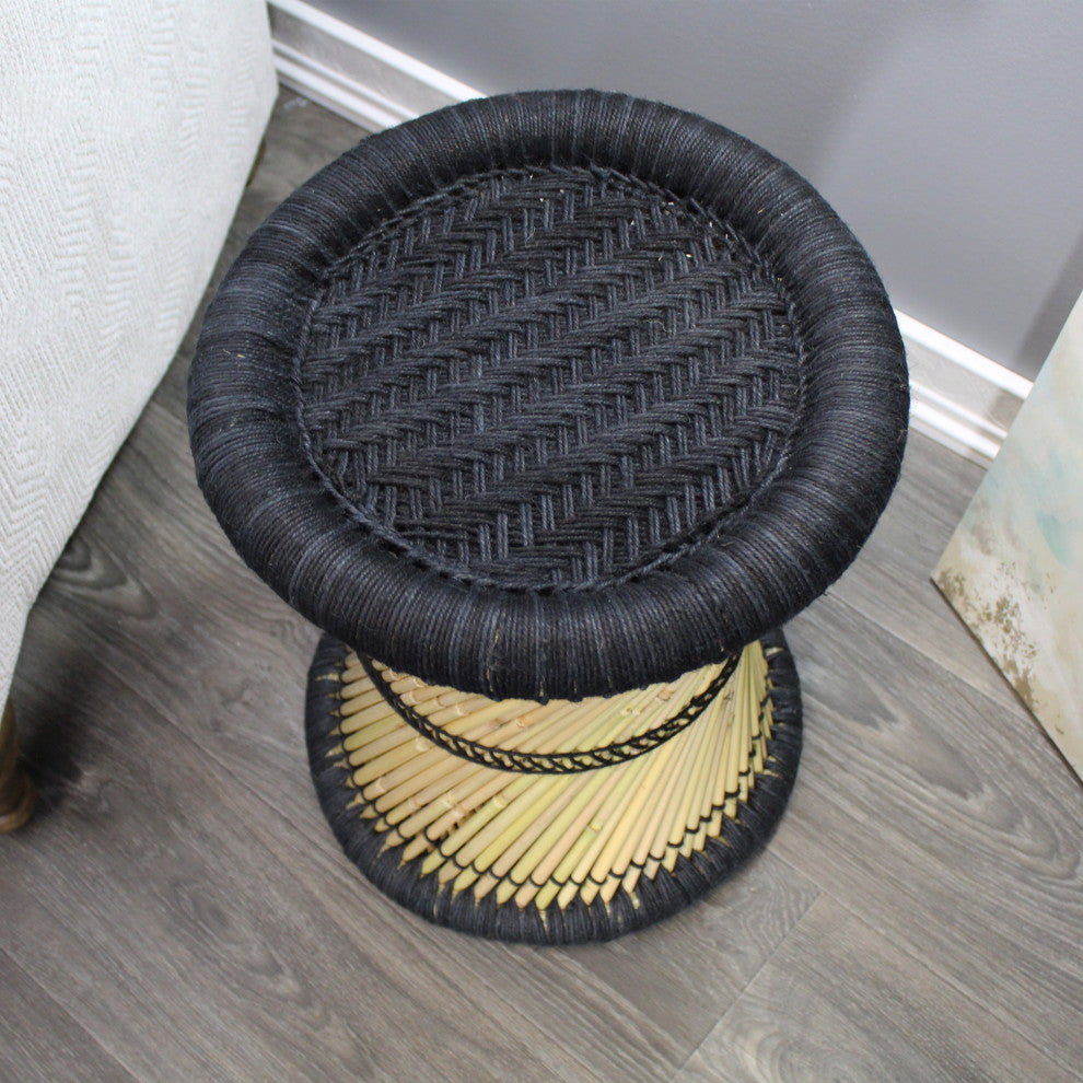 Natural Geo Moray Decorative Handwoven Jute Accent Stool, Black