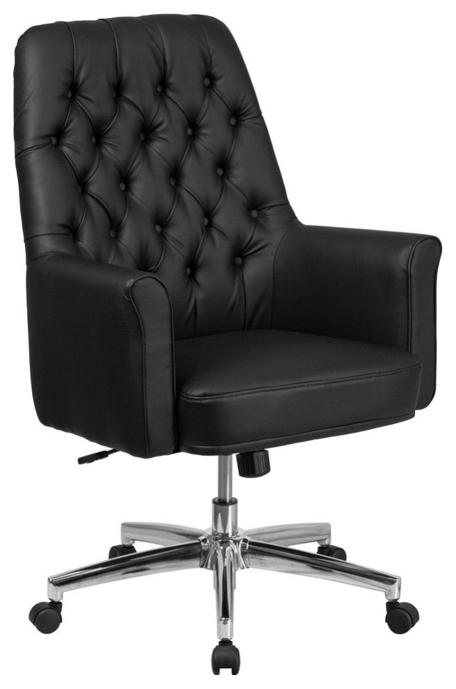 Mid-Back Traditional Tufted White Leather Executive Swivel Chair With Arms