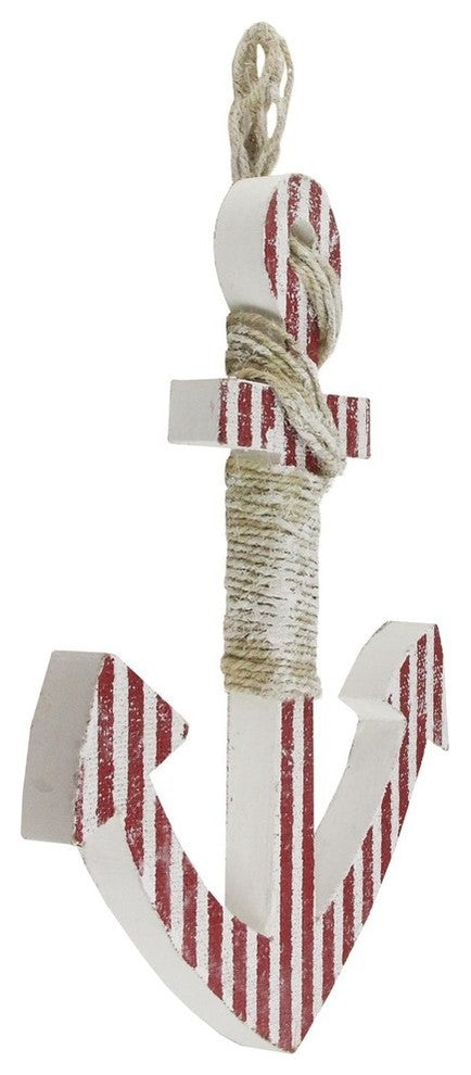 16" Red and White Striped Nautical Hanging Anchor With Rope Wall Art