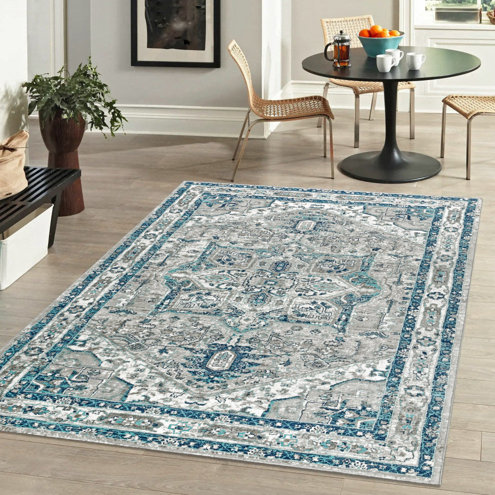 Modern Persian Vintage Medallion Area Rug, Slate, 9 X 12