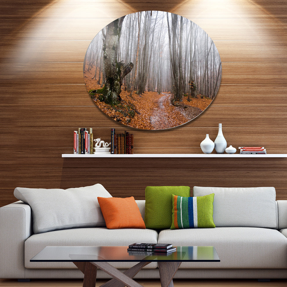 Road Covered By Fallen Leaves, Modern Forest Disc Metal Wall Art, 11"