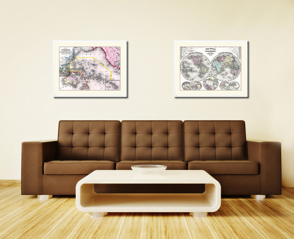 Oceania Old Map Print On Canvas With Picture Frame Art Collection 16" X 21"