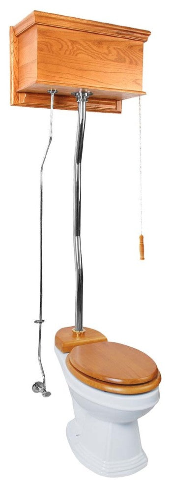 High Tank Pull Chain Toilet Light Oak with Elongated White Bowl Chrome Z-Pipe