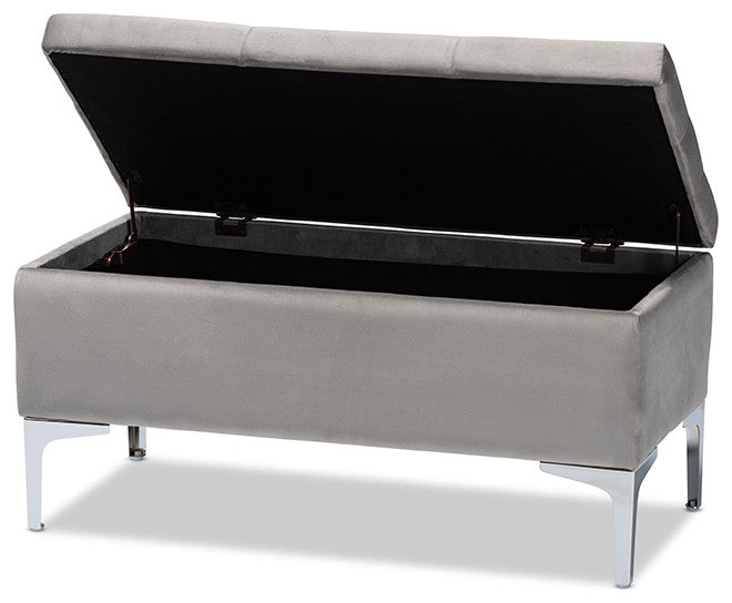 Mabel Transitional Gray Velvet Upholstered Silver Finished Storage Ottoman