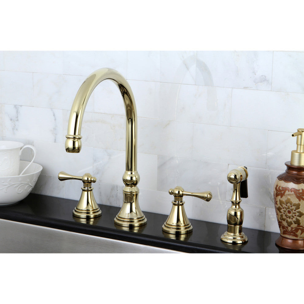Kingston Brass Widespread Kitchen Faucet With Brass Sprayer, Polished Brass