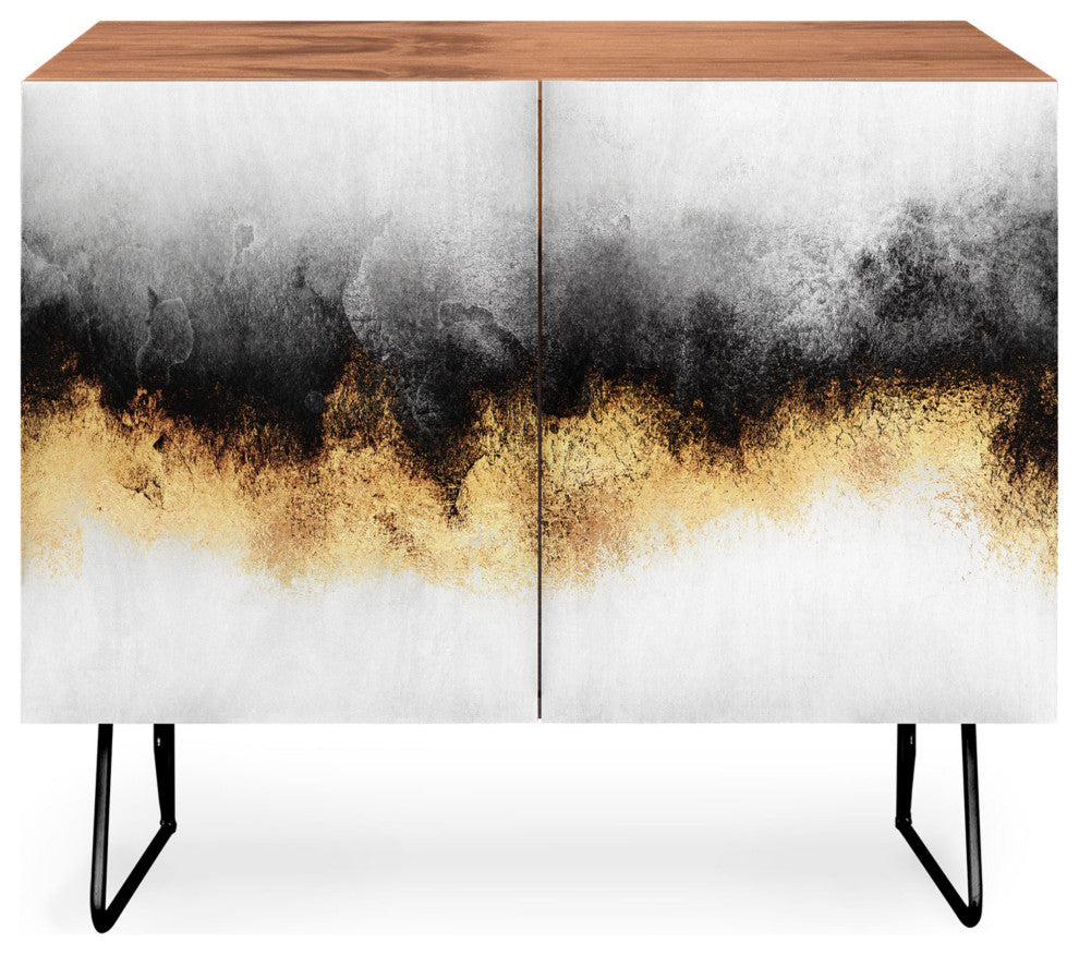 Deny Designs Black and Gold Sky Credenza, Walnut, Black Steel legs