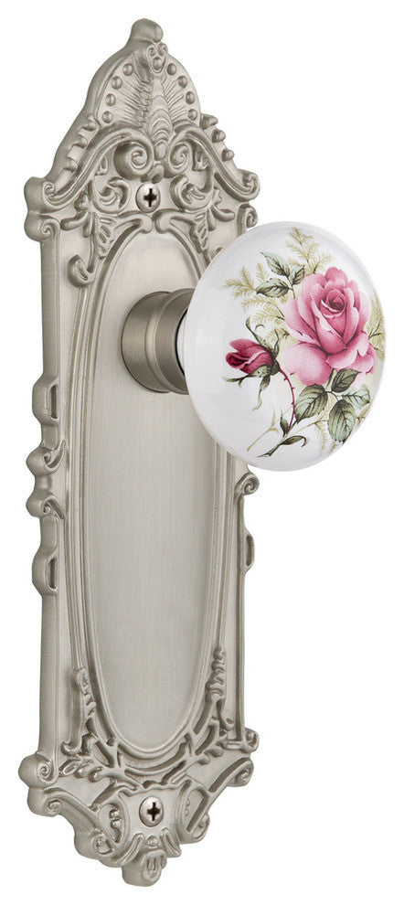 Double Victorian Plate With Rose Porcelain Knob, Satin Nickel