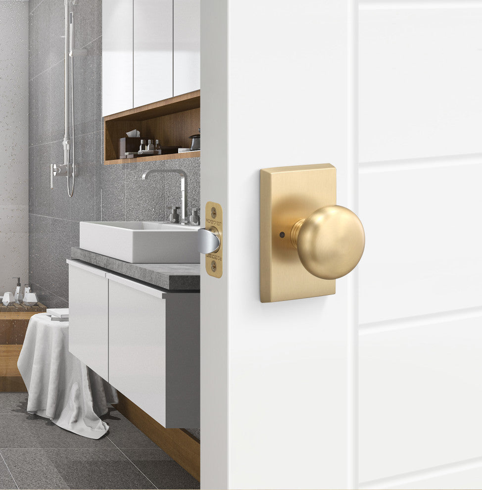 Ridgecrest Mountain Oakley Privacy Door Knob with Square Rosette, Satin Brass