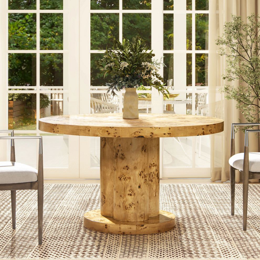Nebula 51" Japandi Burl Wood Round Dining Table, Warm Natural Brown