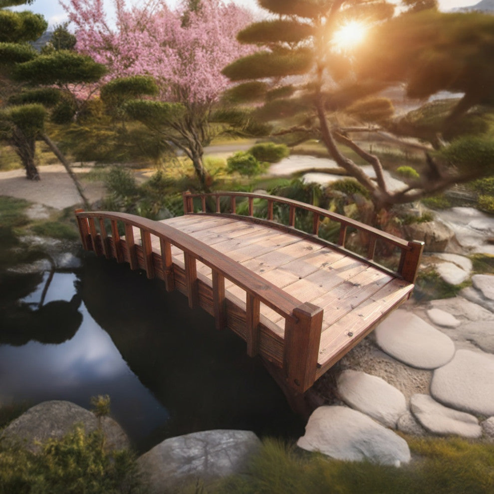 SamsGazebos Japanese Wood Garden Bridge With Arched Railings, 6', Treated