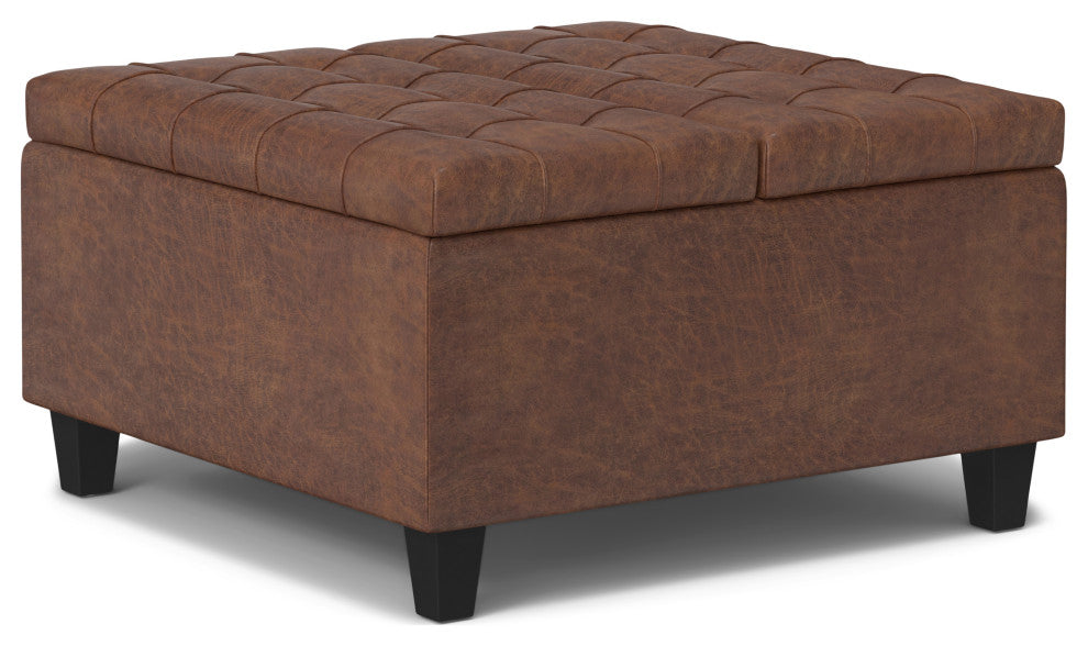 Harrison Small Square Coffee Table Storage Ottoman, Distressed Saddle Brown