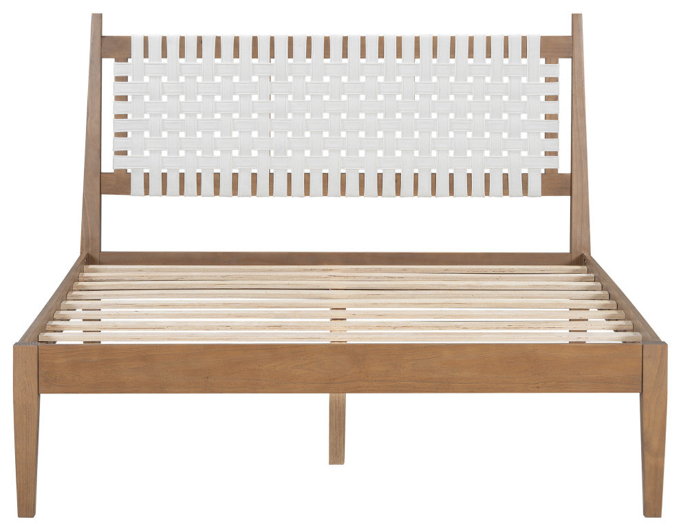 GDF Studio Queen Platform Bed With Woven White Leather Back & Natural Wood Frame