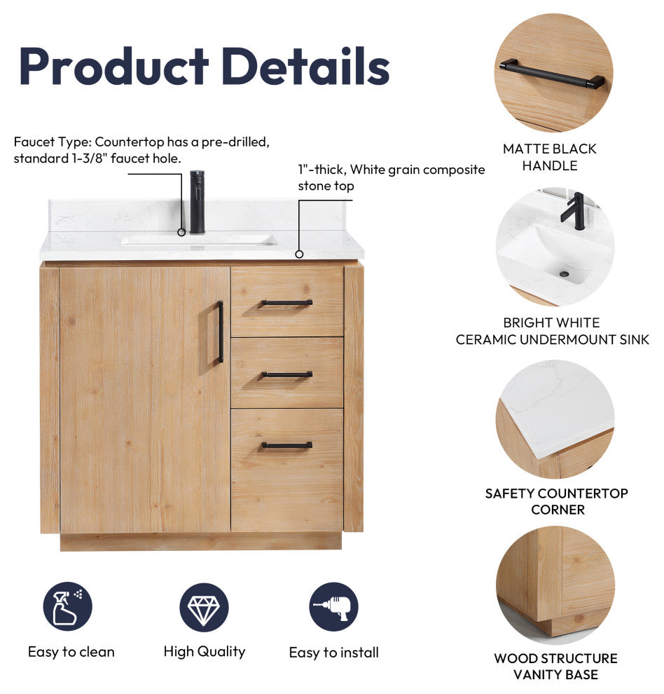 San Bath Vanity with Stone Top, Fir Wood Brown, 36", Single Vanity, With Mirror