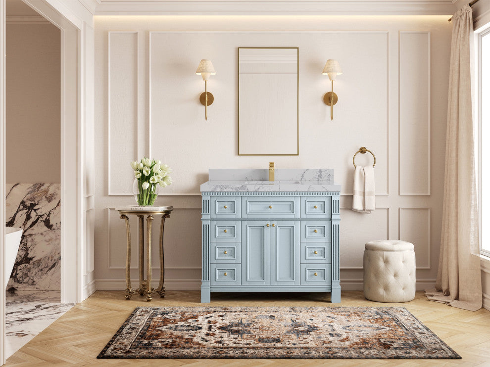 Paris 42" Single Sink Bathroom Vanity, Blue Heather 2" Venatino Quartz