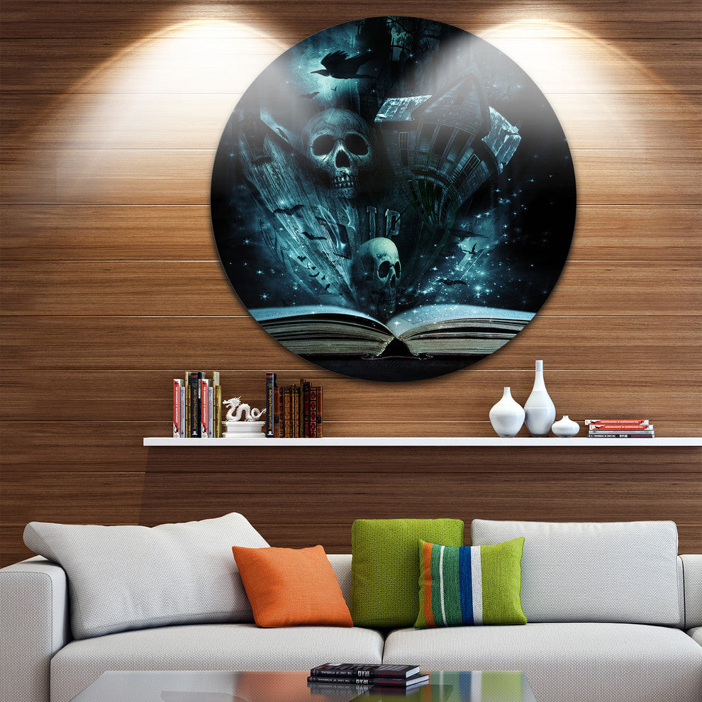Halloween Stories Book, Contemporary Round Metal Wall Art, 11"