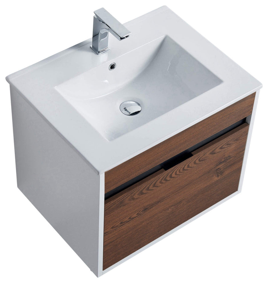 Alpine Wall Mount Bathroom Vanity and Sink, Brown Walnut, 24"