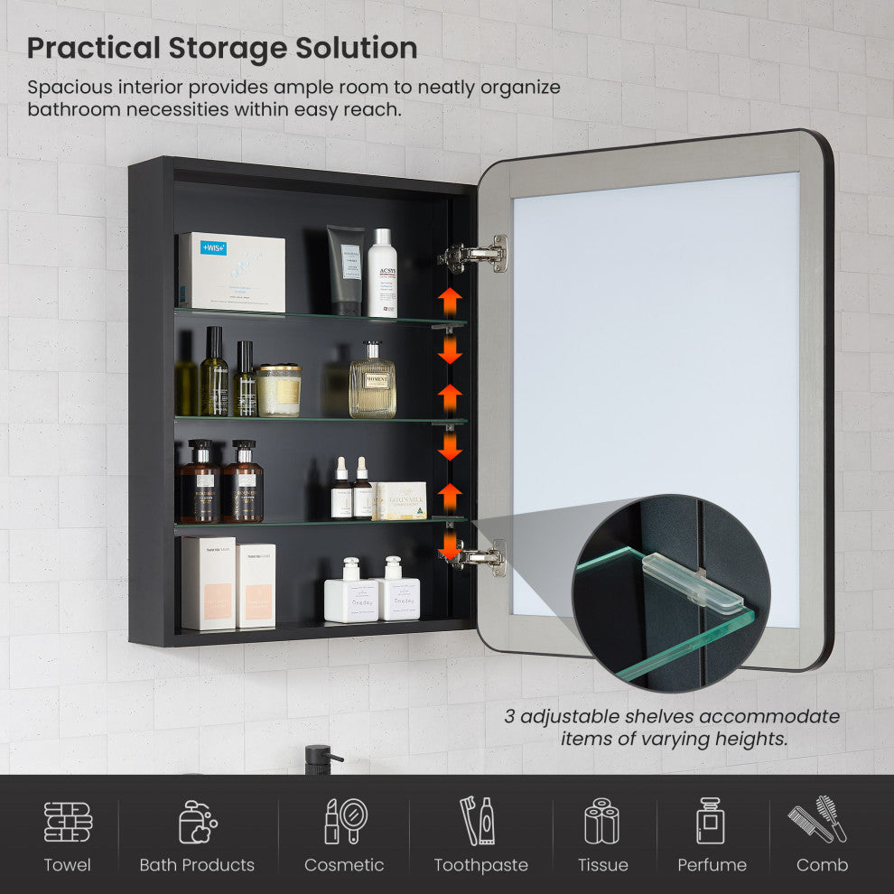 Talayuela Framed Medicine Cabinet With Mirror, Brushed Black Frame, 24"w X 32"h