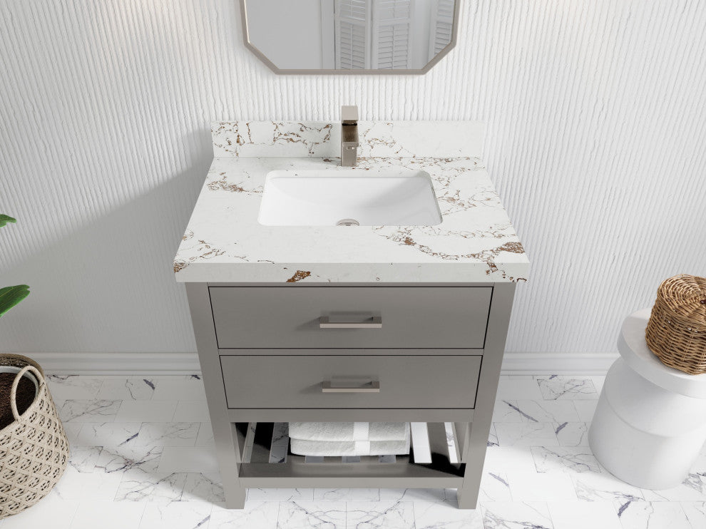 Parker 30 Single Sink Bath Vanity in Elephant Skin Gray  2" Viola Gold