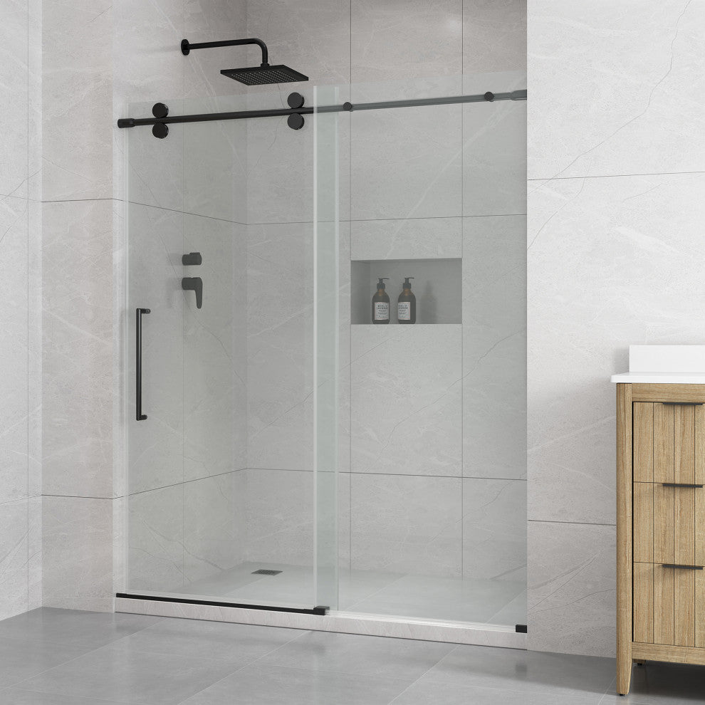 Reva Frameless Sliding Clear Alcove Shower Door, Black, 60"