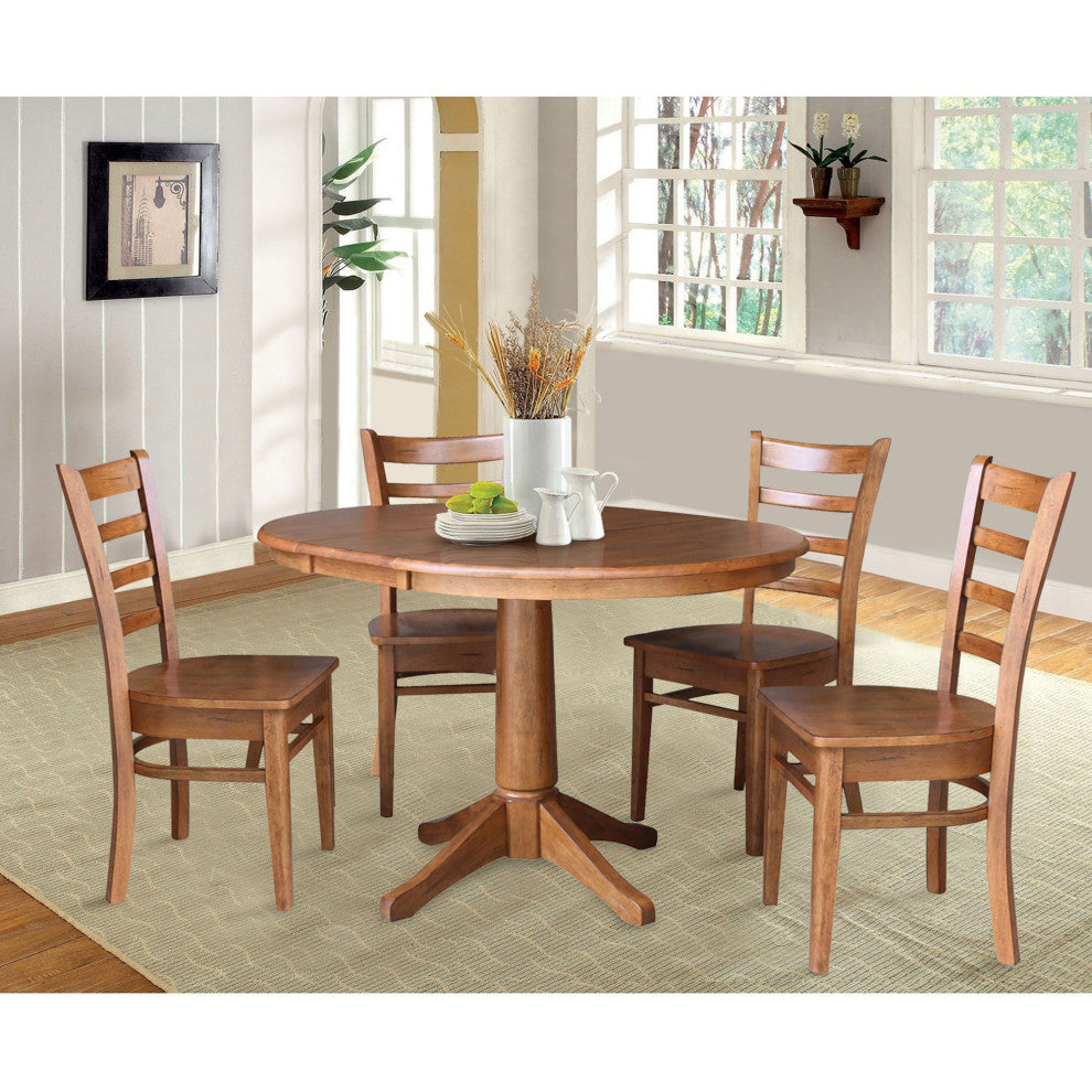 36" Round Extension Dining Table With Emily Chairs, Distressed Oak, 5 Piece
