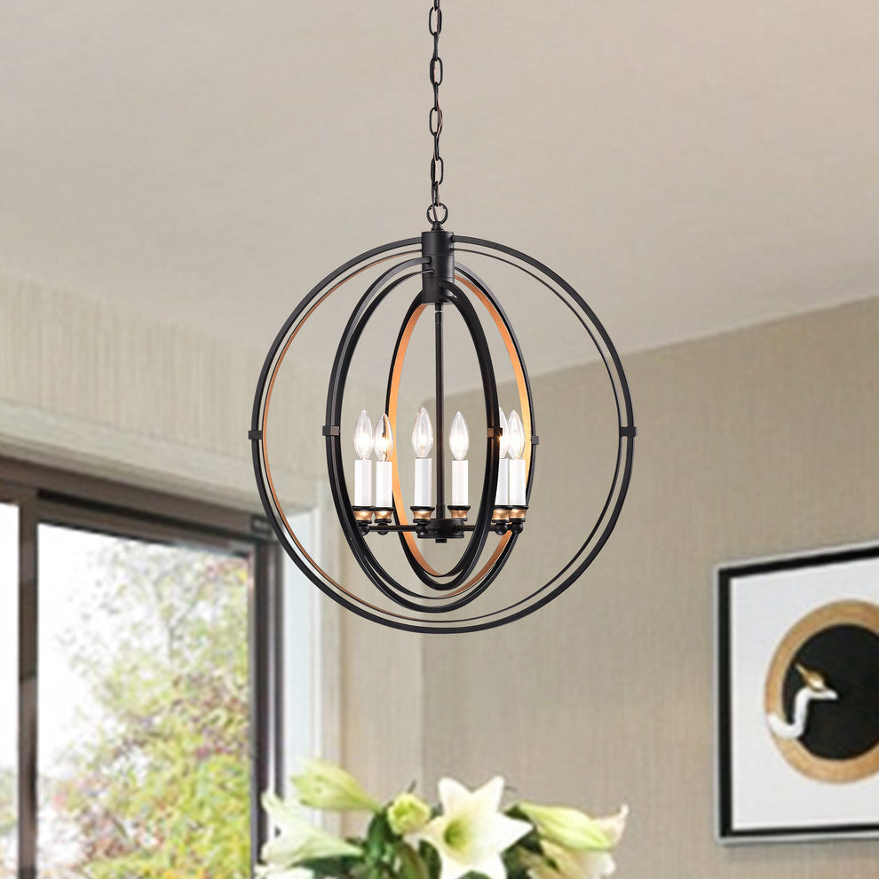 6-Light Black Bronze Triple Hoop Globe Chandelier