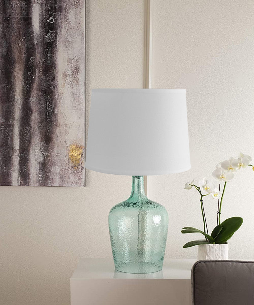 19"h Artisanal Hand-Blown Aqua Green Sea Glass Coastal Style Table Lamp, White L