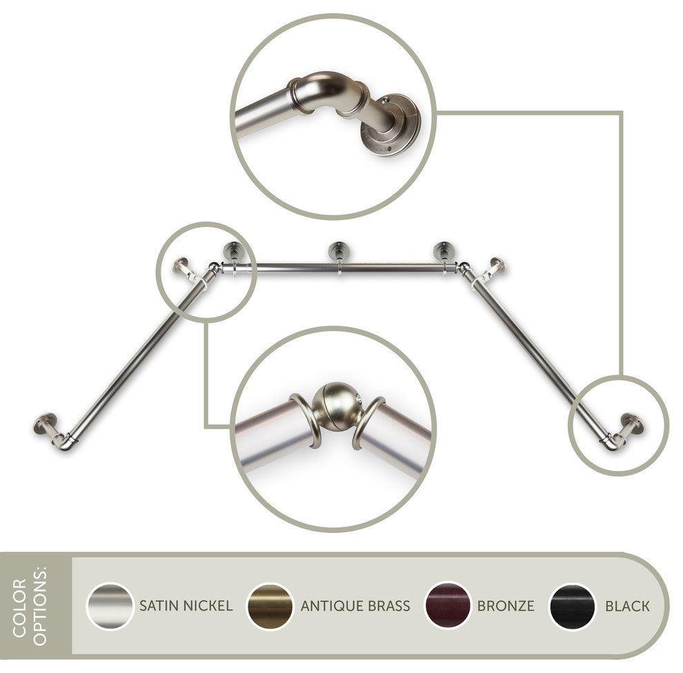 1" Pipe Bay Window Curtain Rod, Satin Nickel, 87"-160"