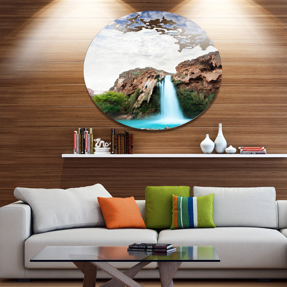 Amazing Waterfall Under Cloudy Sky, Landscape Round Wall Art, 36"
