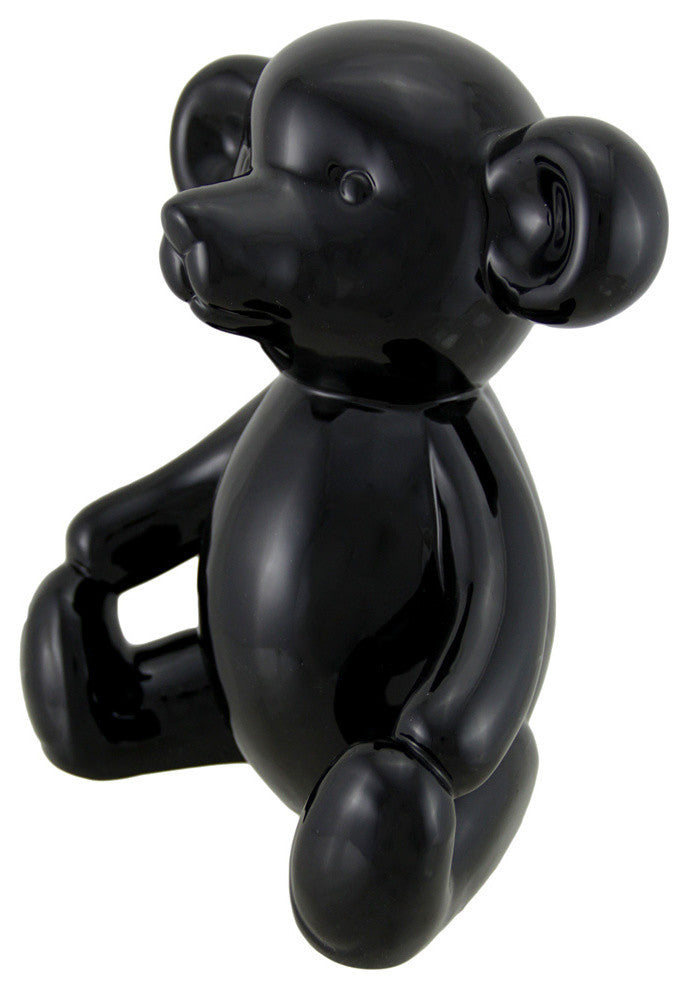 Glossy Black Ceramic Teddy Bear Statue 6 Inch