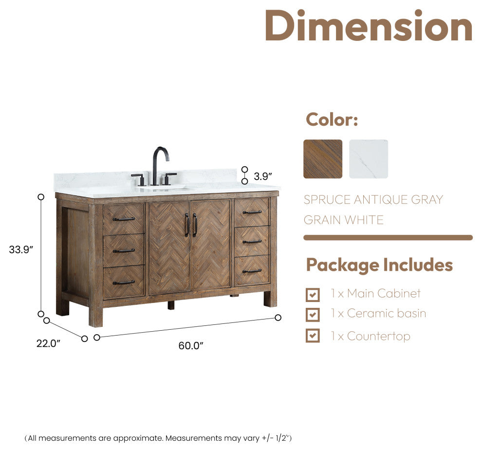 Javier Bath Vanity, Composite Stone Top, Antique Gray, 60", Single Vanity, No Mirror