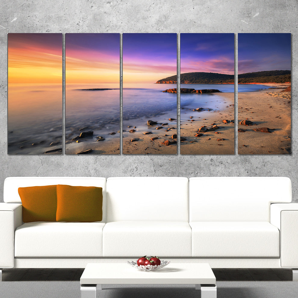 "Sunset in Cala Violina Bay Beach" Seashore Wall Art, 5 Panels, 60"x28"