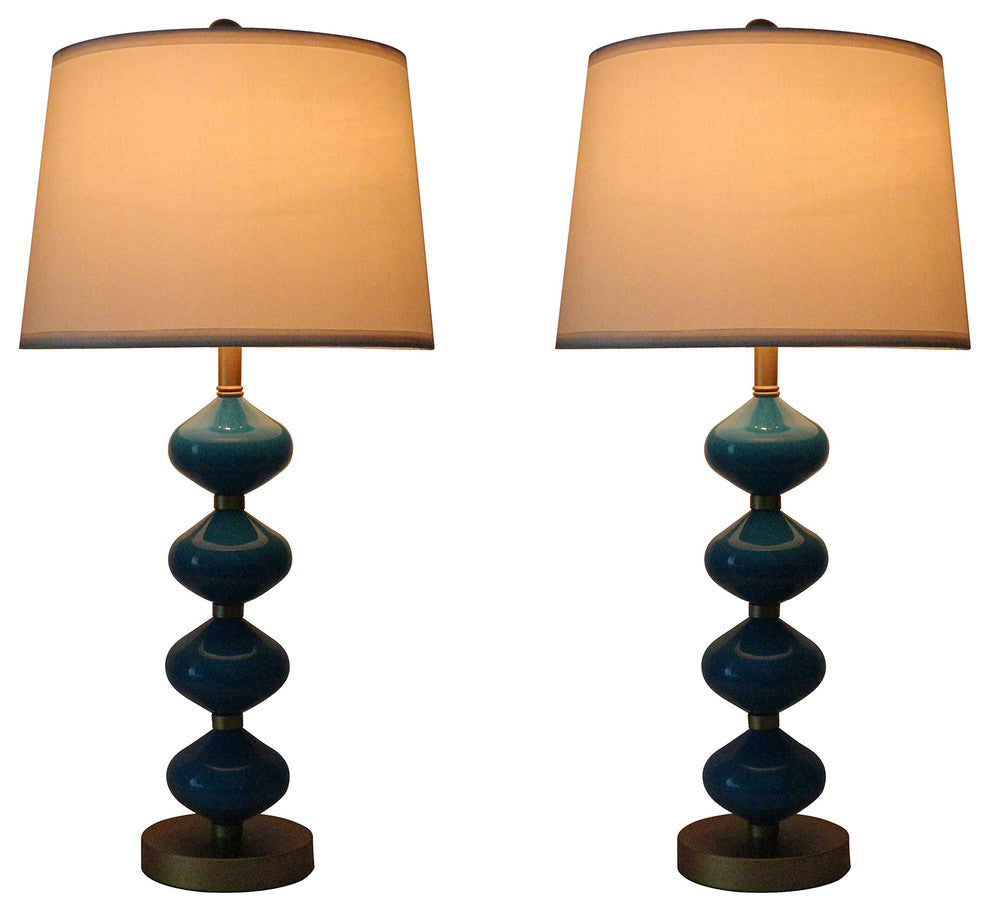 Set of 2 Beautor Lamps, Gold & Teal Glass with Cream Shades