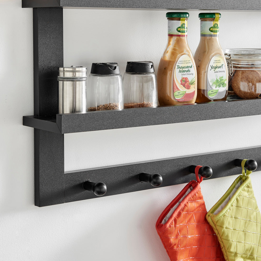 Danya B 2-Tier Ledge Wall Shelf Organizer with Five Hanging Coat or Towel Hooks, Black