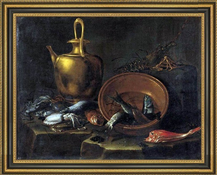 Giuseppe Recco Still Life With Fish Framed Premium Canvas Print, 21"x28"