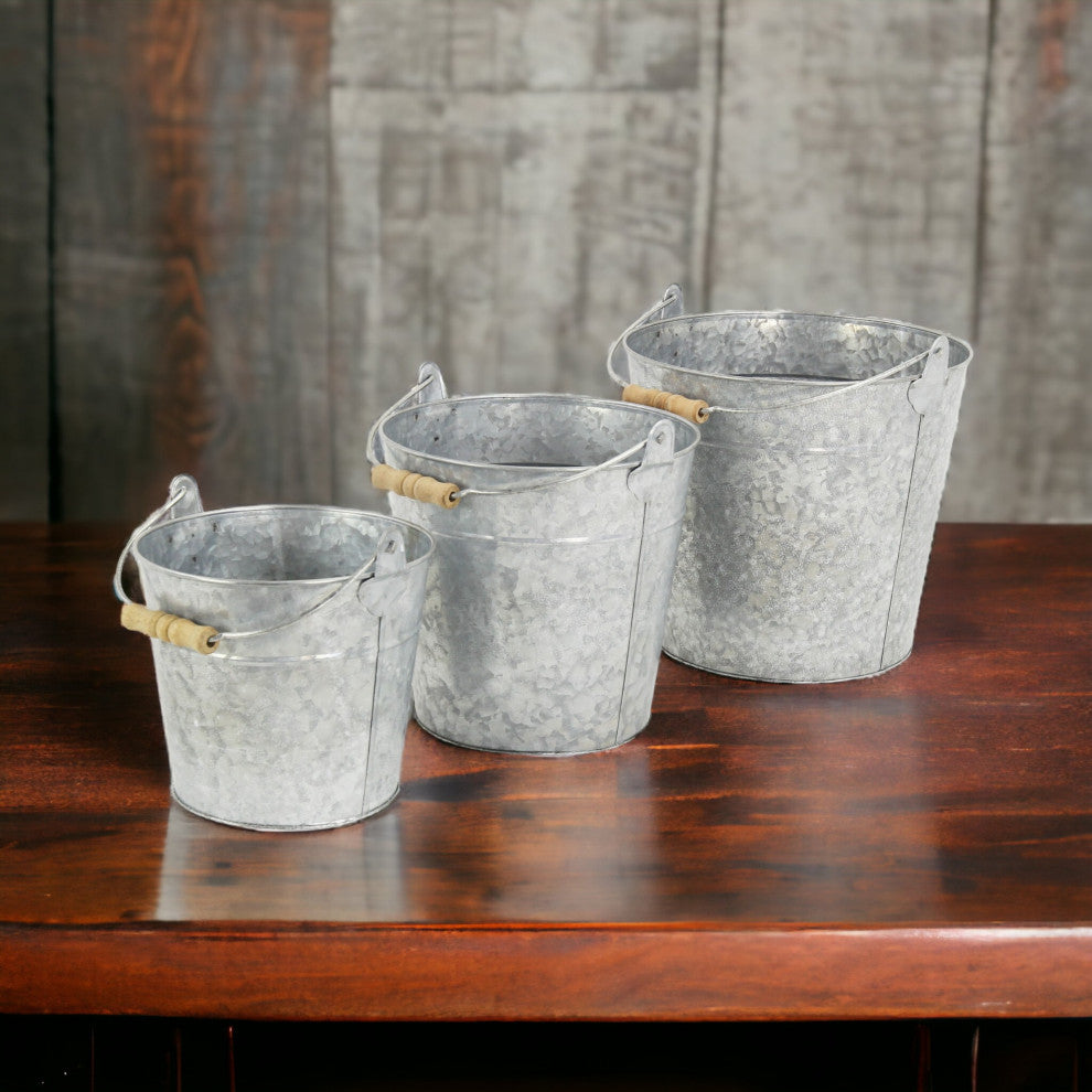 Galvanized Metal Garden Buckets, Set of 3