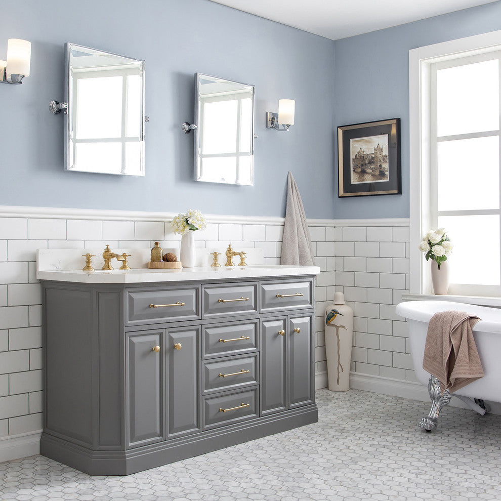 60" Palace Quartz Gray Vanity With Brass Hardware, Faucets and Chrome Mirrors