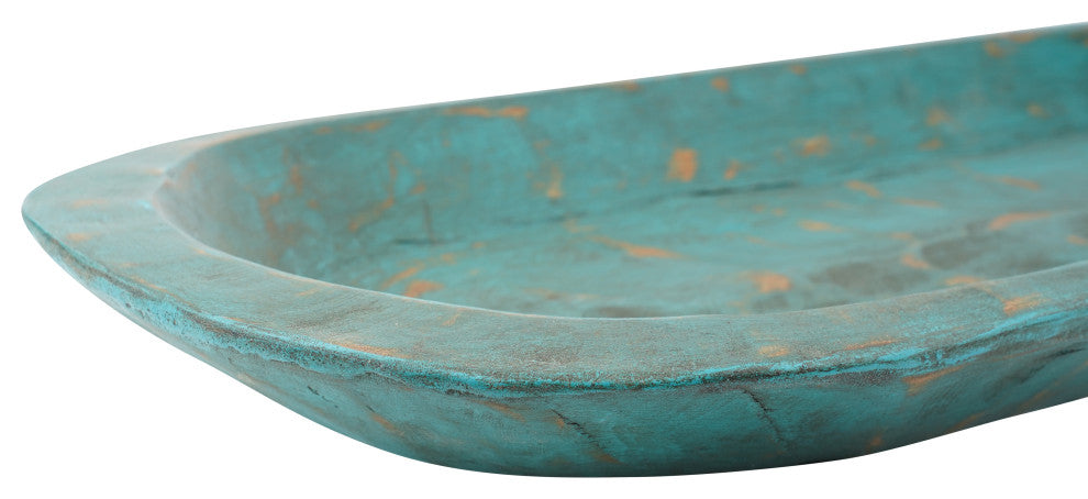 Extra Long Rustic Farmhouse Primitive Wooden Dough Bowl, Turquoise, Long