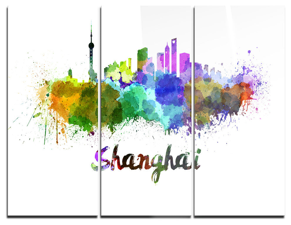 "Shanghai Skyline" Glossy Metal Wall Art, 3 Panels, 36"x28"
