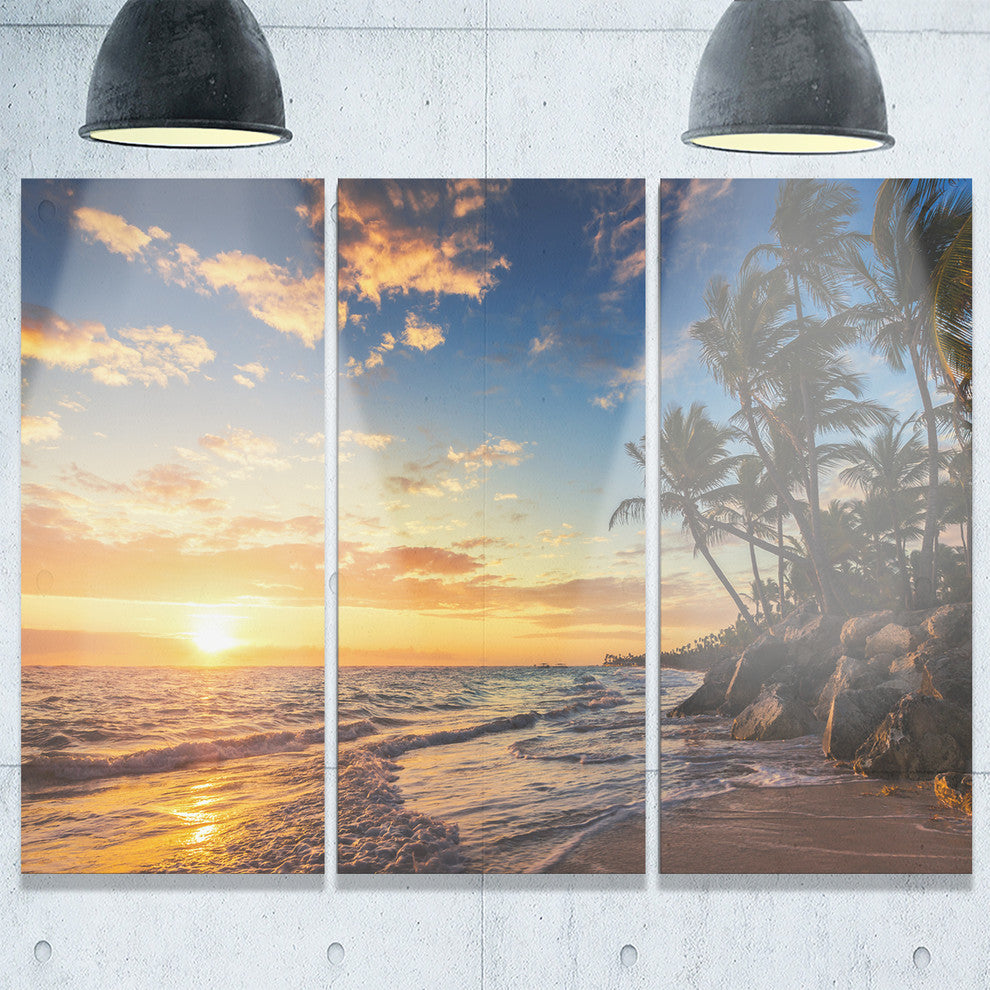 "Paradise Tropical Island Beach With Palms" Metal Wall Art, 3 Panels, 36"x28"
