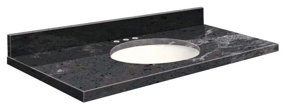 Quartz 49"x19" Vanity Top, Single Faucet Hole, White Bowl, Milky Way, 8" Centers