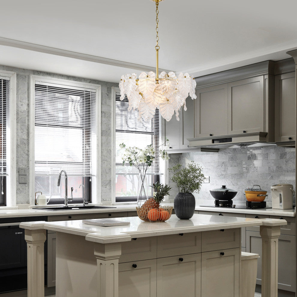 Echo Brushed Shiny Brass 7-Light Tiered Leaf-shaped Glass Chandelier 1 Variation