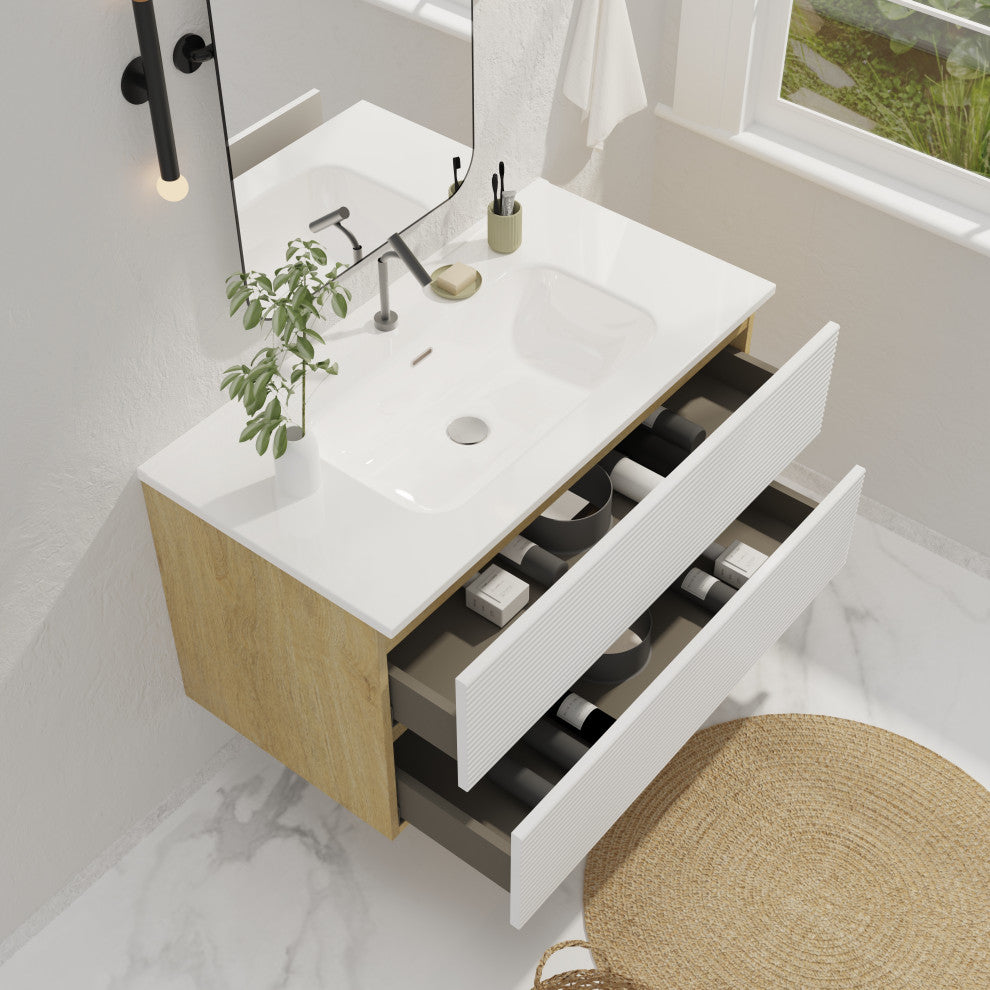 Wall-Mounted Bathroom Vanity Set with Integrated Ceramic Sink, White, 36"