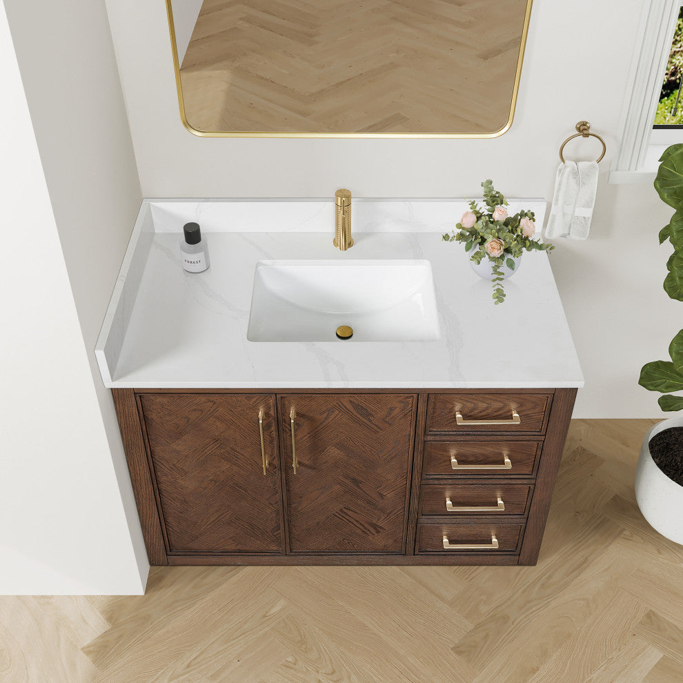 Jakarta Bath Vanity, Quartz Top No Mirror, Dark Brown Oak, 42", Single Vanity