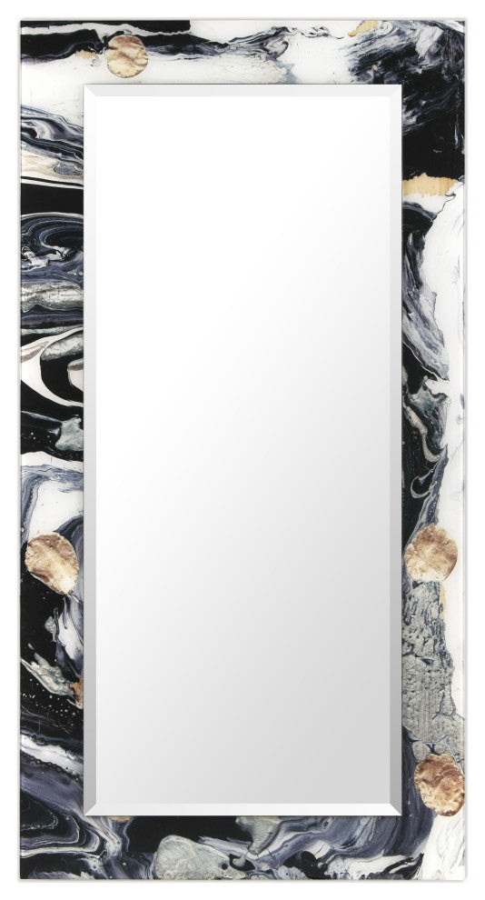 "Ebony and Ivory" Beveled Mirror on Printed Abstarct Tempered Art Glass, 54x28"