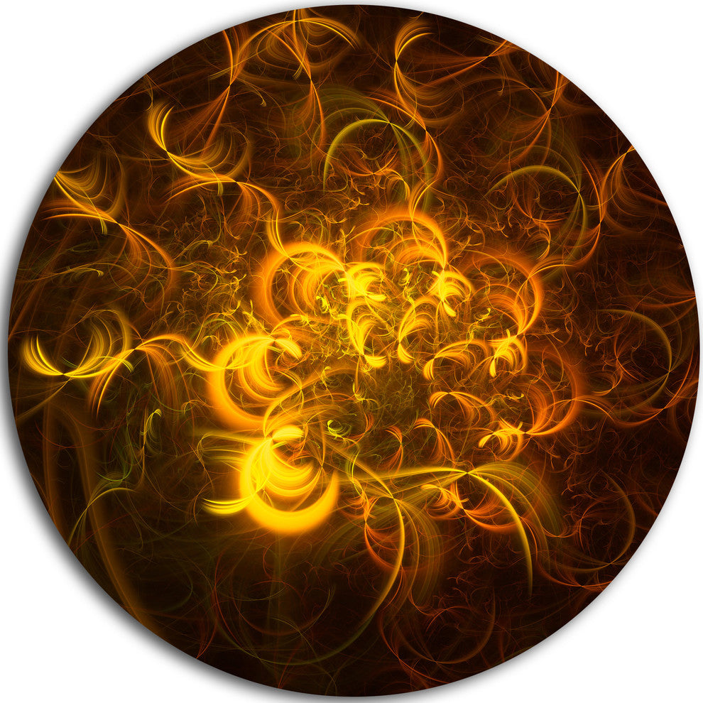 Golden Fractal Flower In Dark, Floral Abstract Disc Metal Artwork, 11"