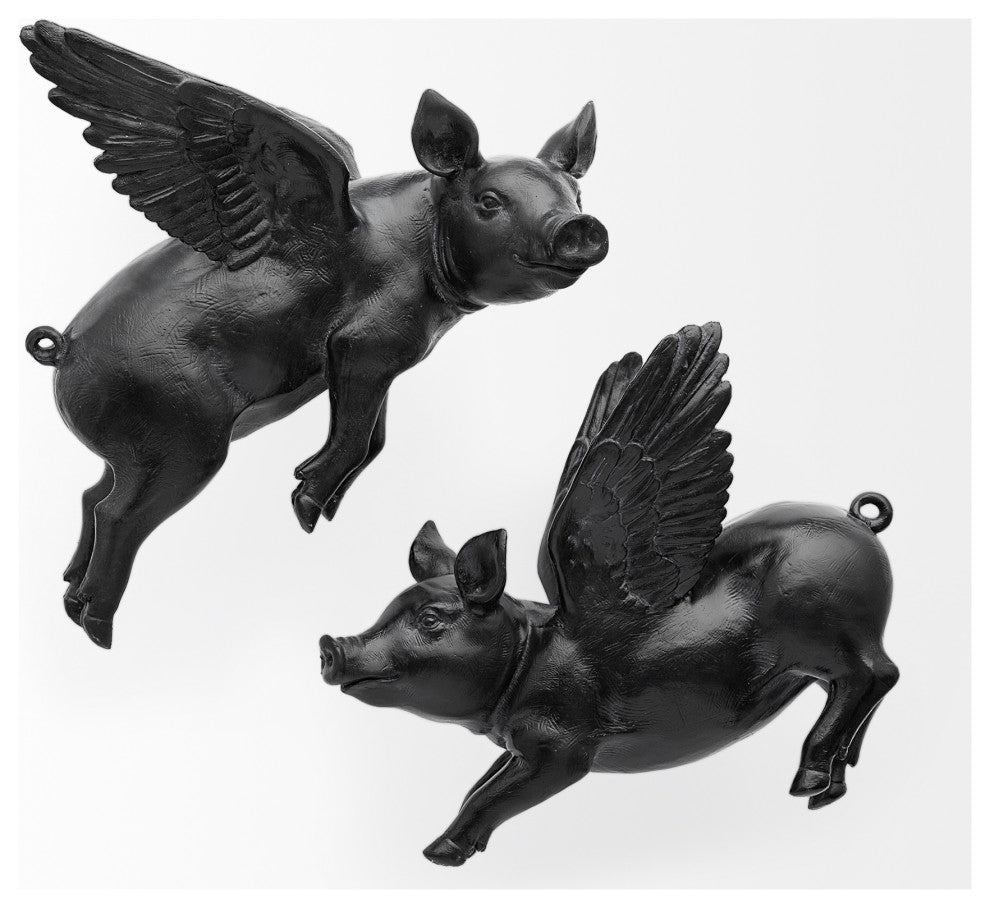 Hogbadi I White Resin Flying Pigs, Set Of 2, Black