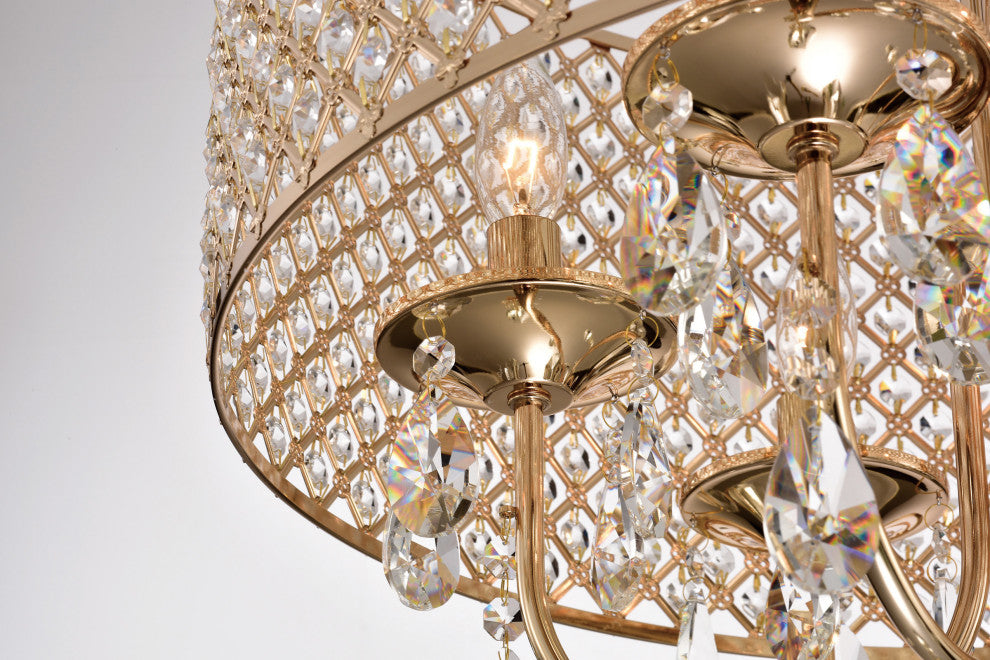 6-Light Gold Round Beaded Drum Chandelier With Hanging Crystals