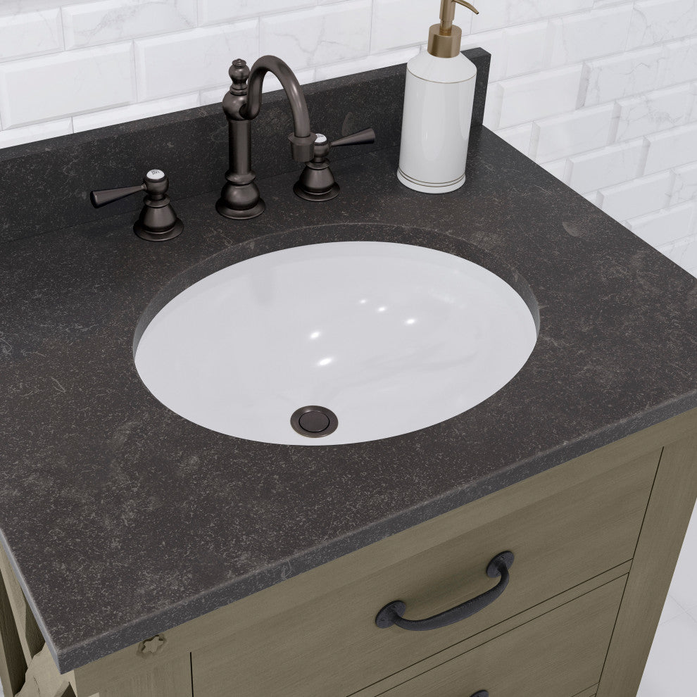 30" Grizzle Gray Single Sink Bathroom Vanity, Blue Limestone Counter Top, Faucet